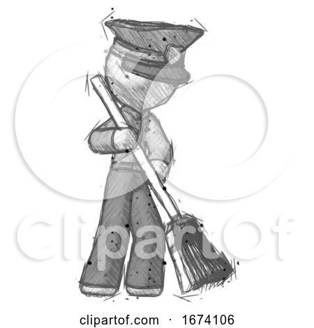 Sketch Police Man Sweeping Area with Broom by Leo Blanchette