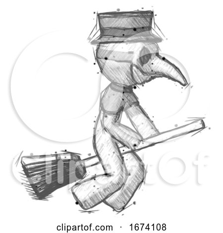 Sketch Plague Doctor Man Flying on Broom by Leo Blanchette