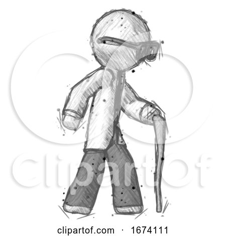 Sketch Doctor Scientist Man Walking with Hiking Stick by Leo Blanchette