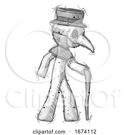 Sketch Plague Doctor Man Walking with Hiking Stick by Leo Blanchette