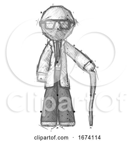 Sketch Doctor Scientist Man Standing with Hiking Stick by Leo Blanchette