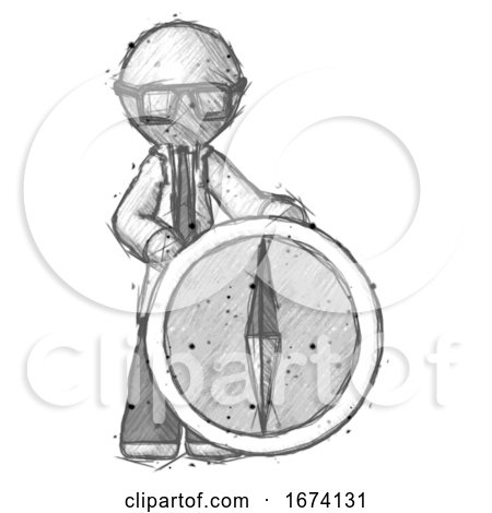 Sketch Doctor Scientist Man Standing Beside Large Compass by Leo Blanchette