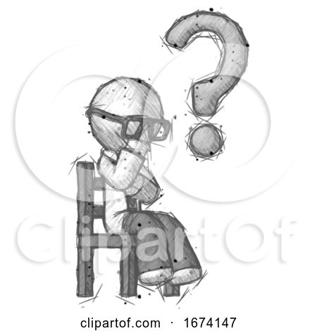 Sketch Doctor Scientist Man Question Mark Concept, Sitting on Chair Thinking by Leo Blanchette