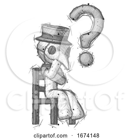 Sketch Plague Doctor Man Question Mark Concept, Sitting on Chair Thinking by Leo Blanchette