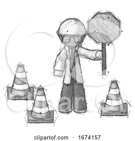 Sketch Doctor Scientist Man Holding Stop Sign by Traffic Cones Under Construction Concept by Leo Blanchette