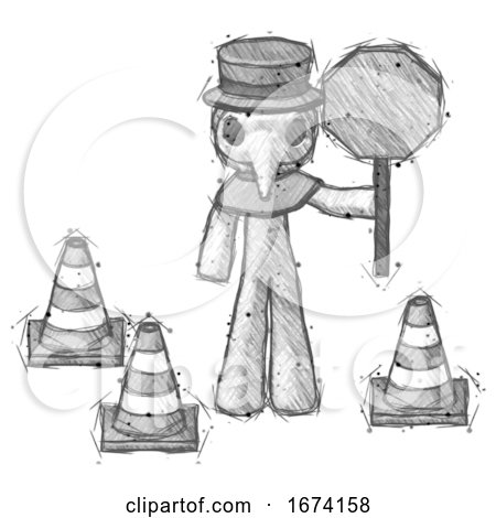 Sketch Plague Doctor Man Holding Stop Sign by Traffic Cones Under Construction Concept by Leo Blanchette