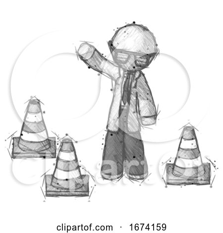 Sketch Doctor Scientist Man Standing by Traffic Cones Waving by Leo Blanchette