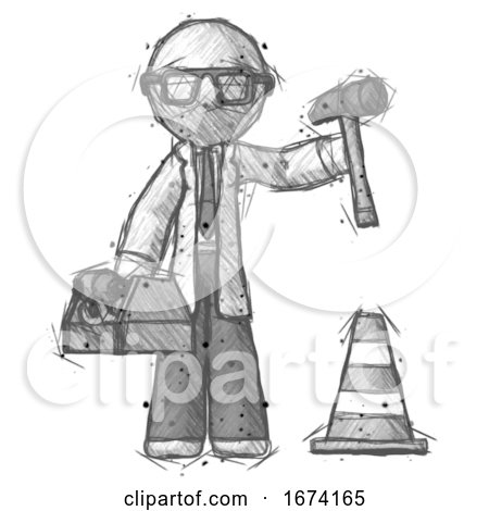 Sketch Doctor Scientist Man Under Construction Concept, Traffic Cone and Tools by Leo Blanchette