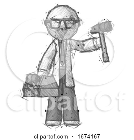 Sketch Doctor Scientist Man Holding Tools and Toolchest Ready to Work by Leo Blanchette