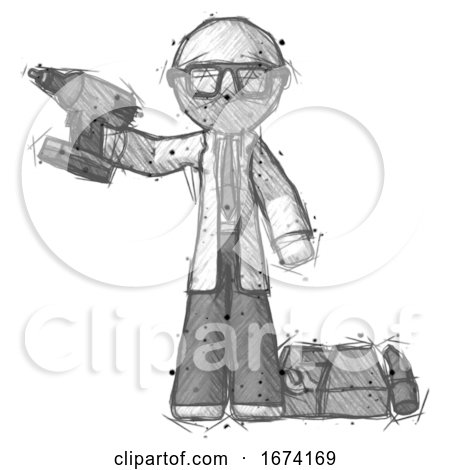 Sketch Doctor Scientist Man Holding Drill Ready to Work, Toolchest and Tools to Right by Leo Blanchette