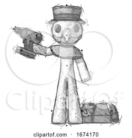 Sketch Plague Doctor Man Holding Drill Ready to Work, Toolchest and Tools to Right by Leo Blanchette