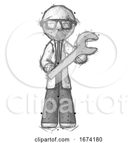 Sketch Doctor Scientist Man Holding Large Wrench with Both Hands by Leo Blanchette