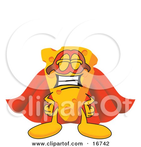 Clipart Picture of a Wedge of Orange Swiss Cheese Mascot Cartoon Character in a Super Hero Cape and Mask by Mascot Junction
