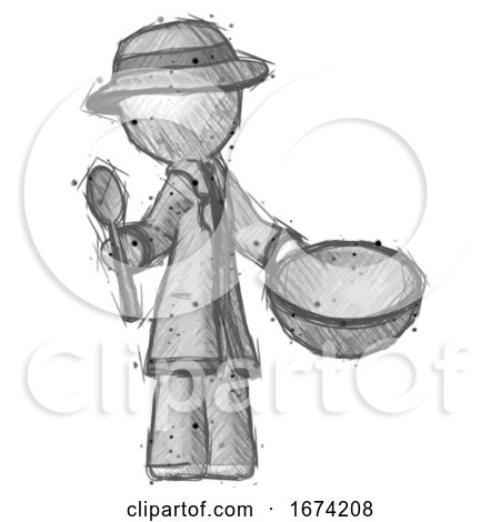 Sketch Detective Man with Empty Bowl and Spoon Ready to Make Something by Leo Blanchette
