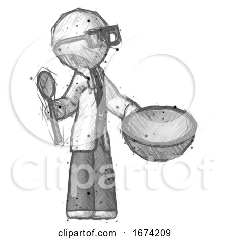 Sketch Doctor Scientist Man with Empty Bowl and Spoon Ready to Make Something by Leo Blanchette