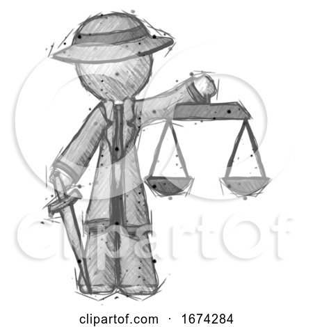 Sketch Detective Man Justice Concept with Scales and Sword, Justicia Derived by Leo Blanchette