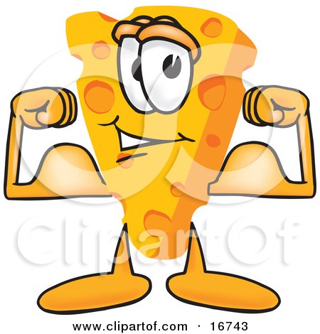 Clipart Picture of a Wedge of Orange Swiss Cheese Mascot Cartoon Character Showing His Strength by Flexing His Strong Bicep Arm Muscles by Mascot Junction