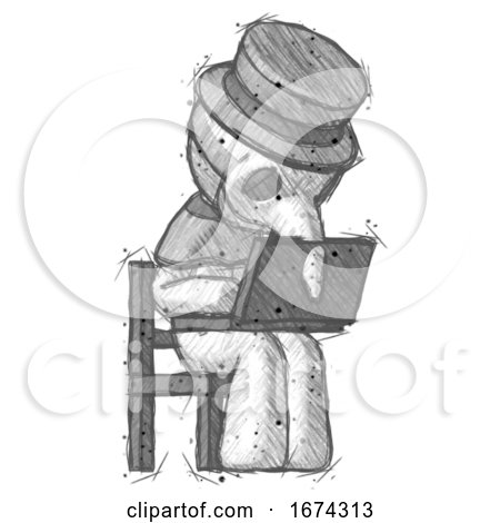 Sketch Plague Doctor Man Using Laptop Computer While Sitting in Chair Angled Right by Leo Blanchette