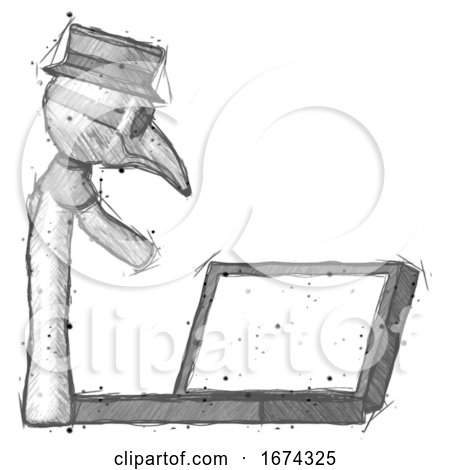 Sketch Plague Doctor Man Using Large Laptop Computer Side Orthographic View by Leo Blanchette
