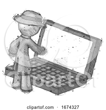 Sketch Detective Man Using Large Laptop Computer by Leo Blanchette