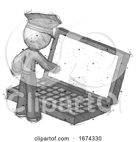 Sketch Police Man Using Large Laptop Computer by Leo Blanchette