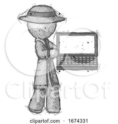 Sketch Detective Man Holding Laptop Computer Presenting Something on Screen by Leo Blanchette