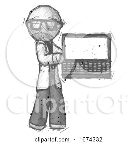 Sketch Doctor Scientist Man Holding Laptop Computer Presenting Something on Screen by Leo Blanchette