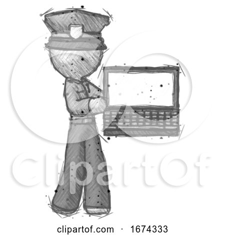 Sketch Police Man Holding Laptop Computer Presenting Something on Screen by Leo Blanchette
