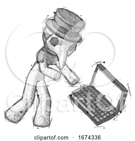 Sketch Plague Doctor Man Throwing Laptop Computer in Frustration by Leo Blanchette