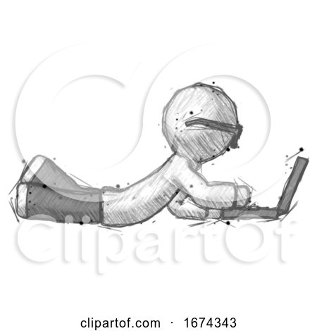 Sketch Doctor Scientist Man Using Laptop Computer While Lying on Floor Side View by Leo Blanchette
