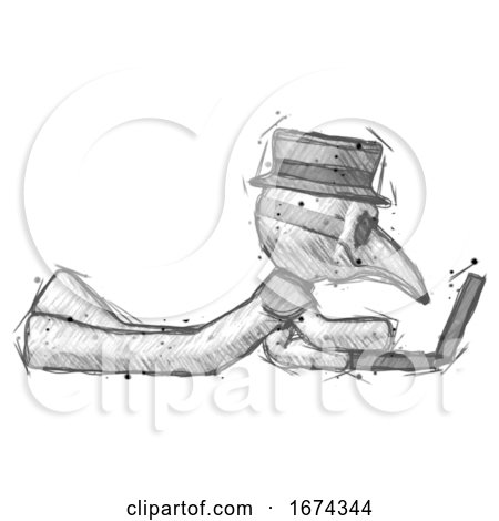 Sketch Plague Doctor Man Using Laptop Computer While Lying on Floor Side View by Leo Blanchette