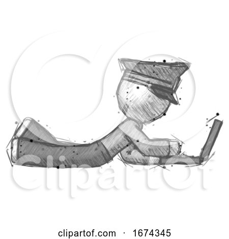 Sketch Police Man Using Laptop Computer While Lying on Floor Side View by Leo Blanchette