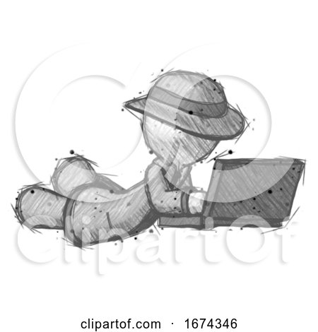 Sketch Detective Man Using Laptop Computer While Lying on Floor Side Angled View by Leo Blanchette