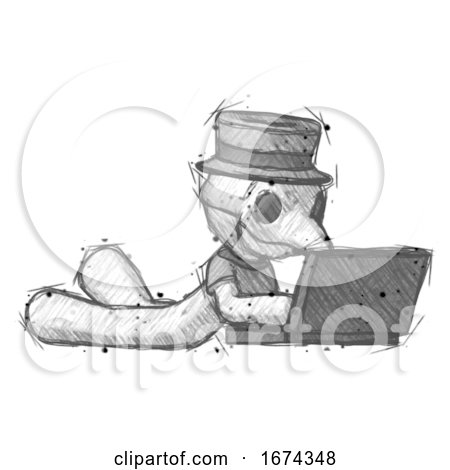 Sketch Plague Doctor Man Using Laptop Computer While Lying on Floor Side Angled View by Leo Blanchette