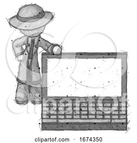 Sketch Detective Man Beside Large Laptop Computer, Leaning Against It by Leo Blanchette