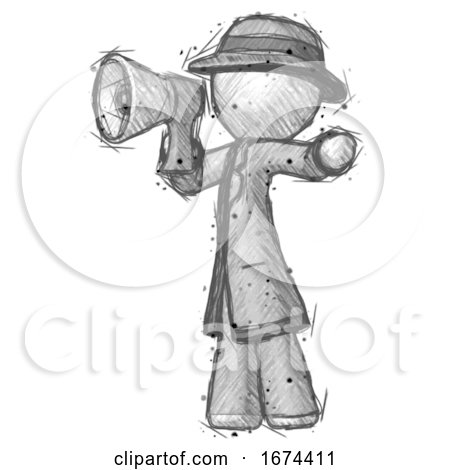 Sketch Detective Man Shouting into Megaphone Bullhorn Facing Left by Leo Blanchette