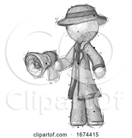 Sketch Detective Man Holding Megaphone Bullhorn Facing Right by Leo Blanchette
