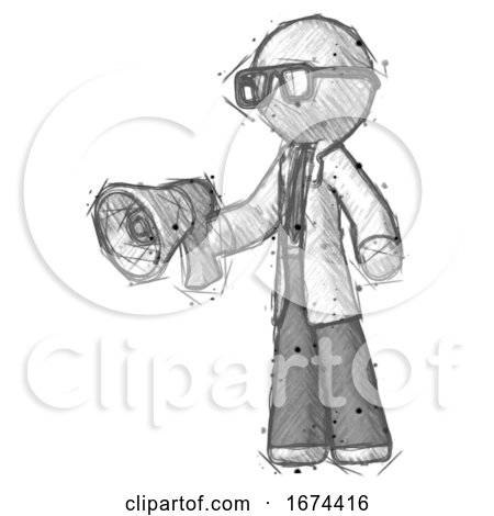 Sketch Doctor Scientist Man Holding Megaphone Bullhorn Facing Right by Leo Blanchette