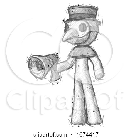 Sketch Plague Doctor Man Holding Megaphone Bullhorn Facing Right by Leo Blanchette
