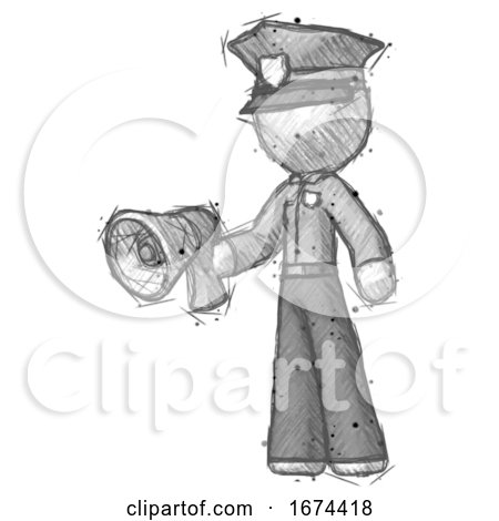 Sketch Police Man Holding Megaphone Bullhorn Facing Right by Leo Blanchette