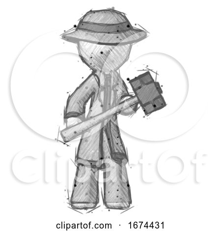 Sketch Detective Man with Sledgehammer Standing Ready to Work or Defend by Leo Blanchette
