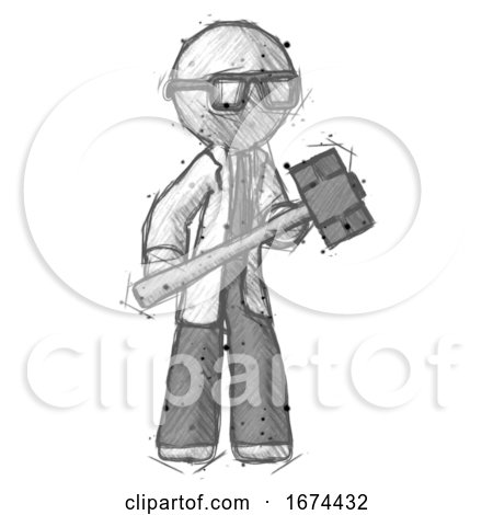 Sketch Doctor Scientist Man with Sledgehammer Standing Ready to Work or Defend by Leo Blanchette
