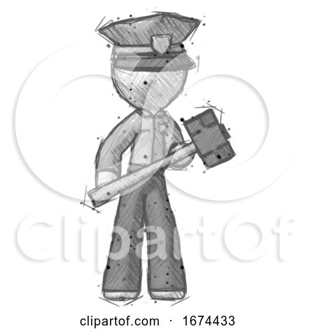Sketch Police Man with Sledgehammer Standing Ready to Work or Defend by Leo Blanchette