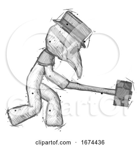 Sketch Plague Doctor Man Hitting with Sledgehammer, or Smashing Something by Leo Blanchette