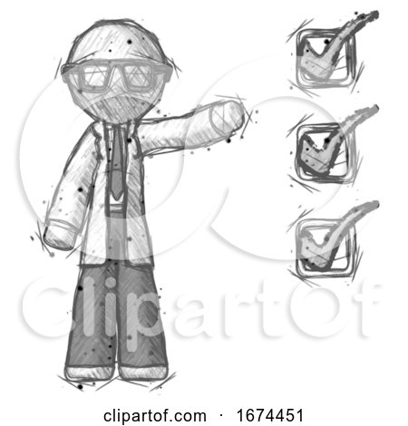 Sketch Doctor Scientist Man Standing by List of Checkmarks by Leo Blanchette