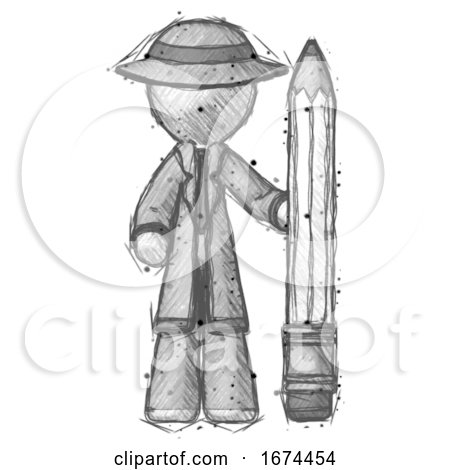Sketch Detective Man with Large Pencil Standing Ready to Write by Leo Blanchette