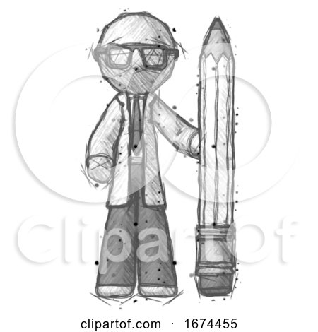 Sketch Doctor Scientist Man with Large Pencil Standing Ready to Write by Leo Blanchette