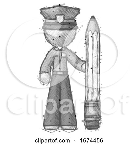 Sketch Police Man with Large Pencil Standing Ready to Write by Leo Blanchette