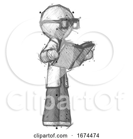 Sketch Doctor Scientist Man Reading Book While Standing up Facing Away by Leo Blanchette