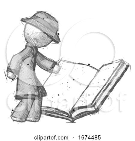 Sketch Detective Man Reading Big Book While Standing Beside It by Leo Blanchette